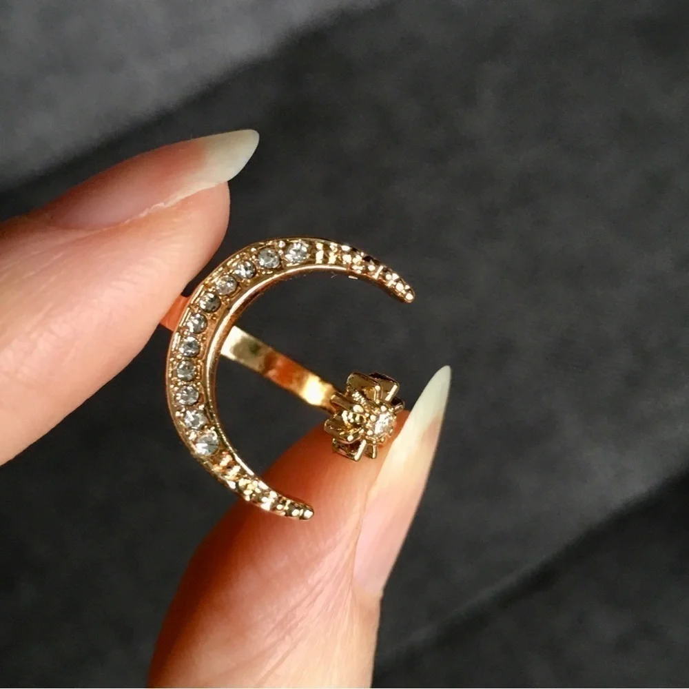 Gold + Rhinestone Moon + Star Cuff Fashion Ring, Size 8